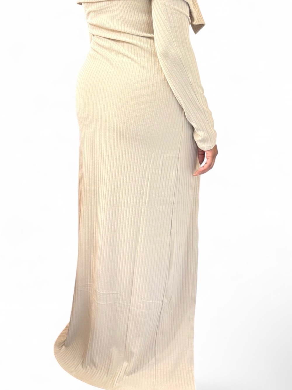 Finesse Off-Shoulder Ribbed Button-Front Knit Set in Beige - Picture 4 of 6